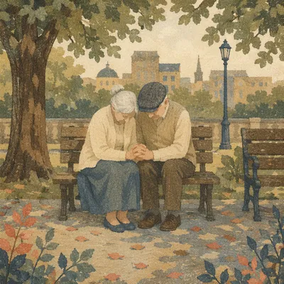 Elderly Couple Praying on Park Bench