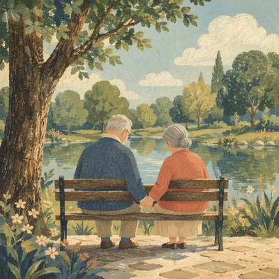 Elderly Couple Praying on Park Bench