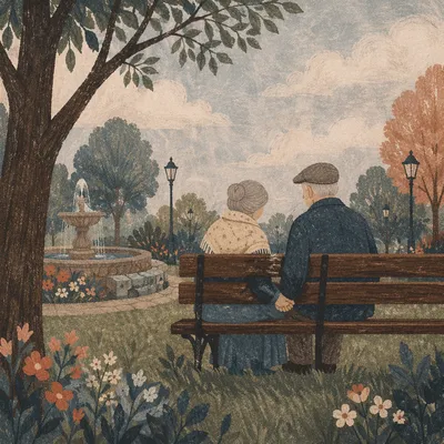Elderly Couple Praying on Park Bench