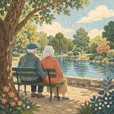 Elderly Couple Praying Beside Peaceful Park Pond