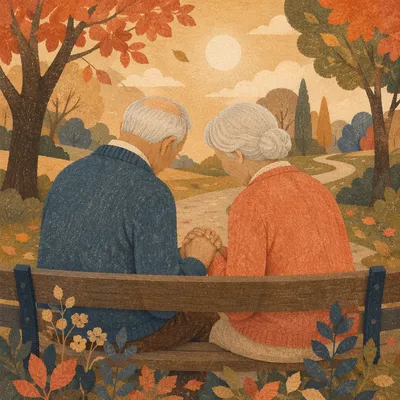 Elderly Couple Praying on Park Bench