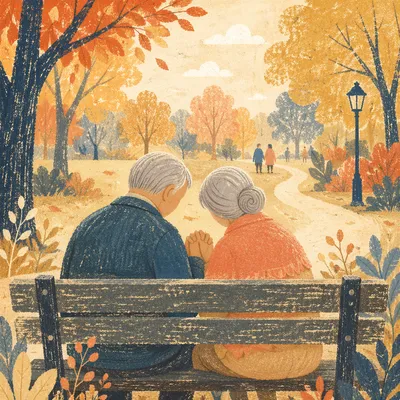 Elderly Couple Praying on Autumn Park Bench