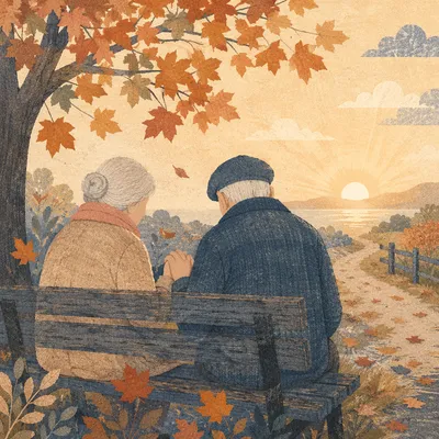 Elderly Couple Praying on Autumn Park Bench