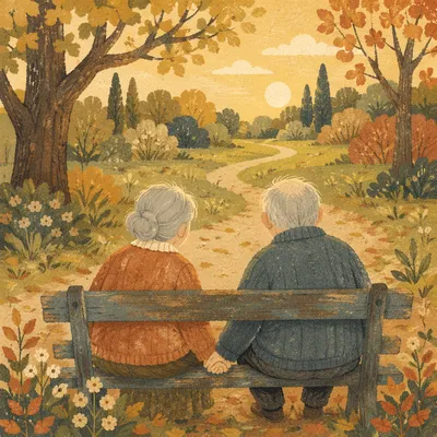 Elderly Couple Praying on Autumn Park Bench