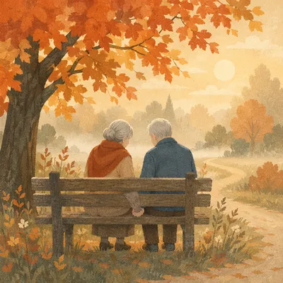 Elderly Couple Praying on Autumn Park Bench