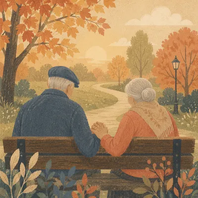 Elderly Couple Praying on Autumn Park Bench
