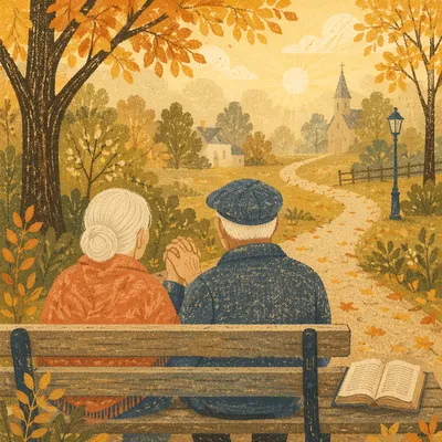 Elderly Couple Praying on Autumn Park Bench