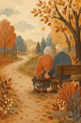 Elderly Couple Praying on Autumn Park Bench