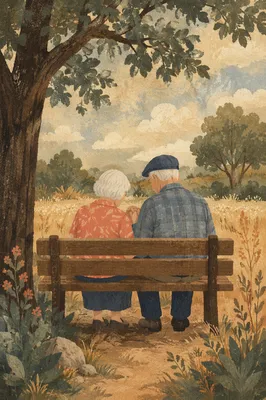 Elderly Couple Praying on Park Bench