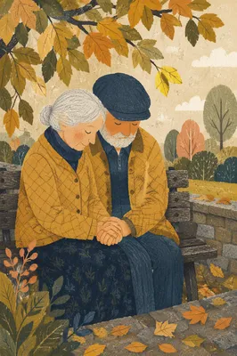 Elderly Couple Praying on Autumn Park Bench
