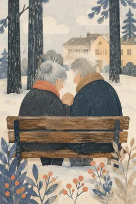 Elderly Couple Praying on Winter Park Bench