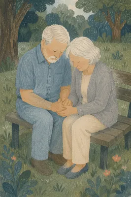 Elderly Couple Praying on Park Bench