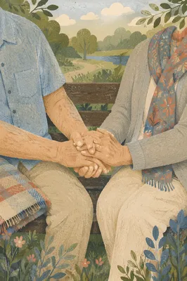 Elderly Couple Praying on Park Bench