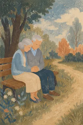 Elderly Couple Praying on Park Bench