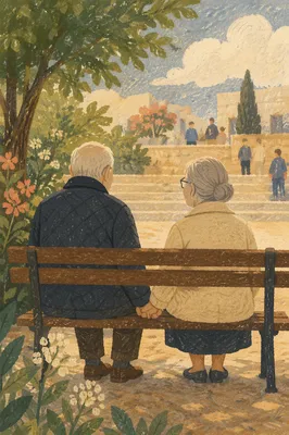 Elderly Couple Praying on Park Bench