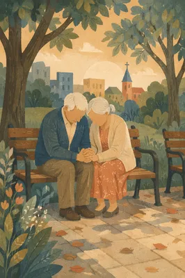 Elderly Couple Praying on Park Bench