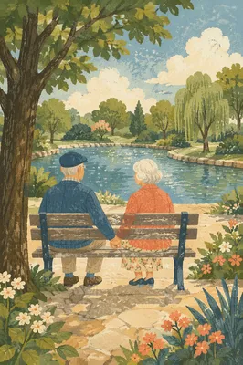 Elderly Couple Praying by Peaceful Park Pond