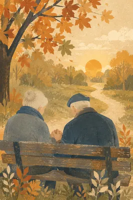 Elderly Couple Praying on Autumn Park Bench