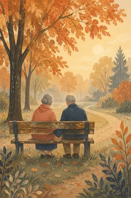 Elderly Couple Praying on Autumn Park Bench