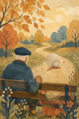 Elderly Couple Praying on Autumn Park Bench