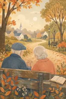Elderly Couple Praying on Autumn Park Bench