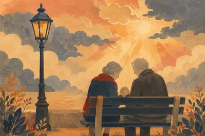 Elderly Couple Praying on Park Bench