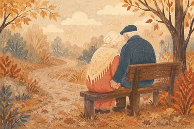 Elderly Couple Praying on Autumn Park Bench