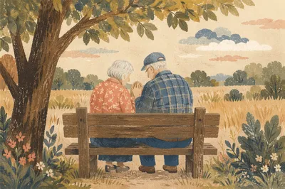 Elderly Couple Praying on Park Bench