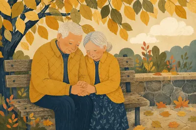 Elderly Couple Praying on Autumn Park Bench