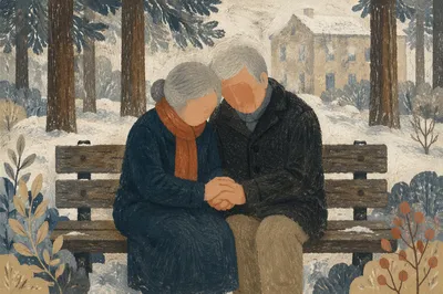 Elderly Couple Praying on Winter Park Bench