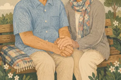 Elderly Couple Praying on Park Bench