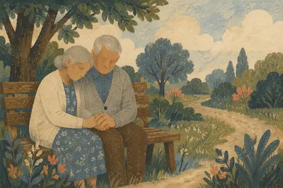 Elderly Couple Praying on Park Bench