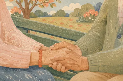 Elderly Couple Praying on Park Bench