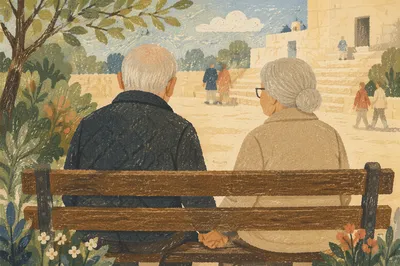 Elderly Couple Praying on Park Bench