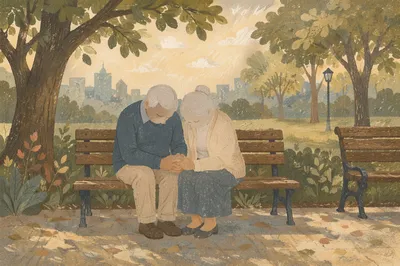 Elderly Couple Praying on Park Bench