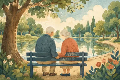 Elderly Couple Praying on Park Bench