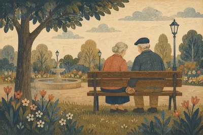 Elderly Couple Praying on Park Bench