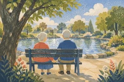 Elderly Couple Praying on Park Bench