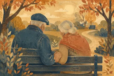 Elderly Couple Praying on Park Bench