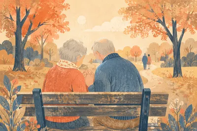 Elderly Couple Praying on Autumn Park Bench