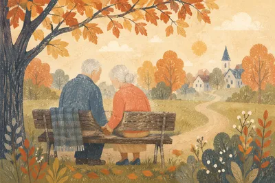 Elderly Couple Praying on Park Bench