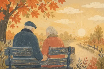 Elderly Couple Praying on Autumn Park Bench
