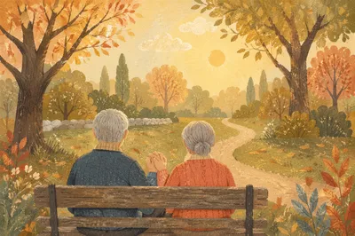 Elderly Couple Praying on Autumn Park Bench