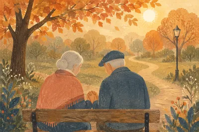 Elderly Couple Praying on Autumn Park Bench