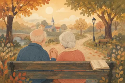 Elderly Couple Praying on Autumn Park Bench