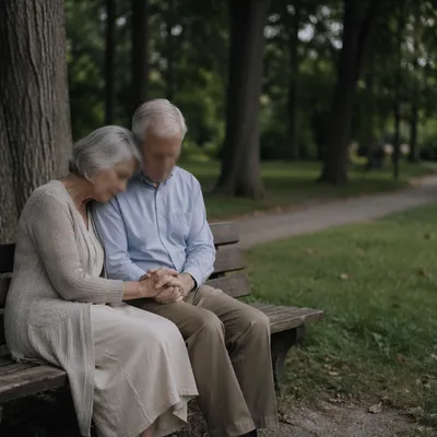 Elderly Couple Praying on Park Bench