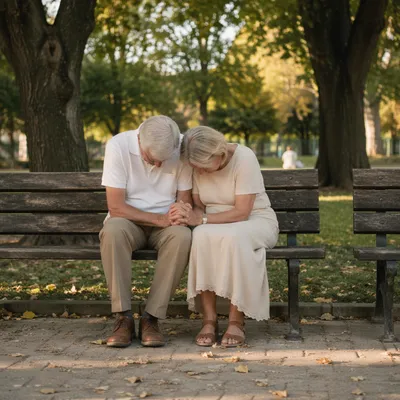 Elderly Couple Praying on Park Bench