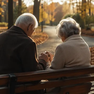 Elderly Couple Praying on Park Bench