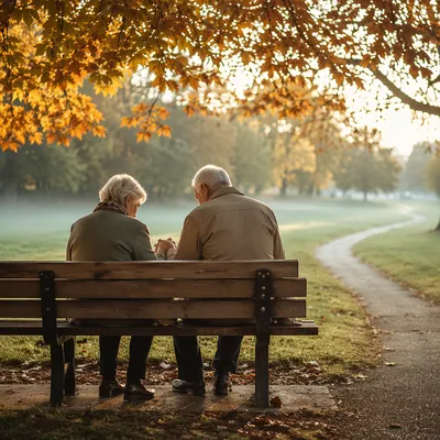 Elderly Couple Praying on Park Bench
