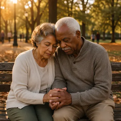Elderly Couple Praying on Park Bench